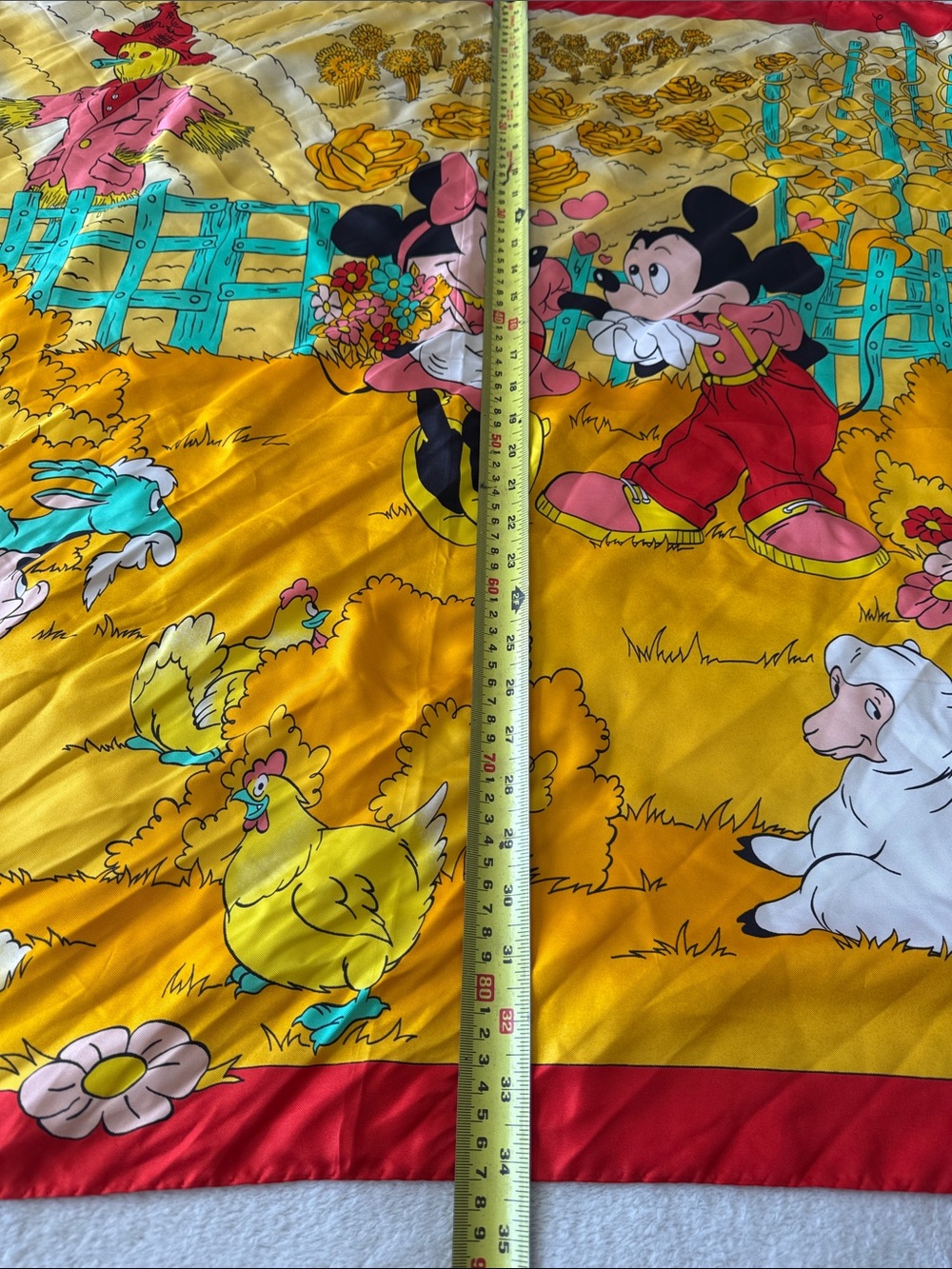 Vintage Handmade Disney Mickey Minnie Silk Scarf Red Yellow Farm Scene Chic - Picture 6 of 11